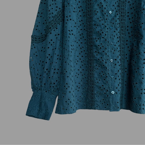 SEZANE Turquoise Blue Embroidered Eyelet Lace Button Down Cara Shirt Blouse Top - Picture 8 of 17